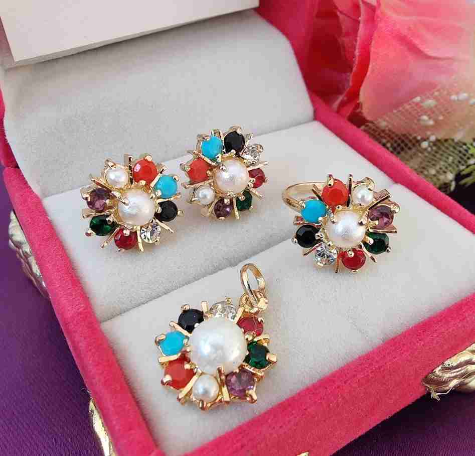 Navratan Daily Wear Pendant Set With Adjustable Ring Combo